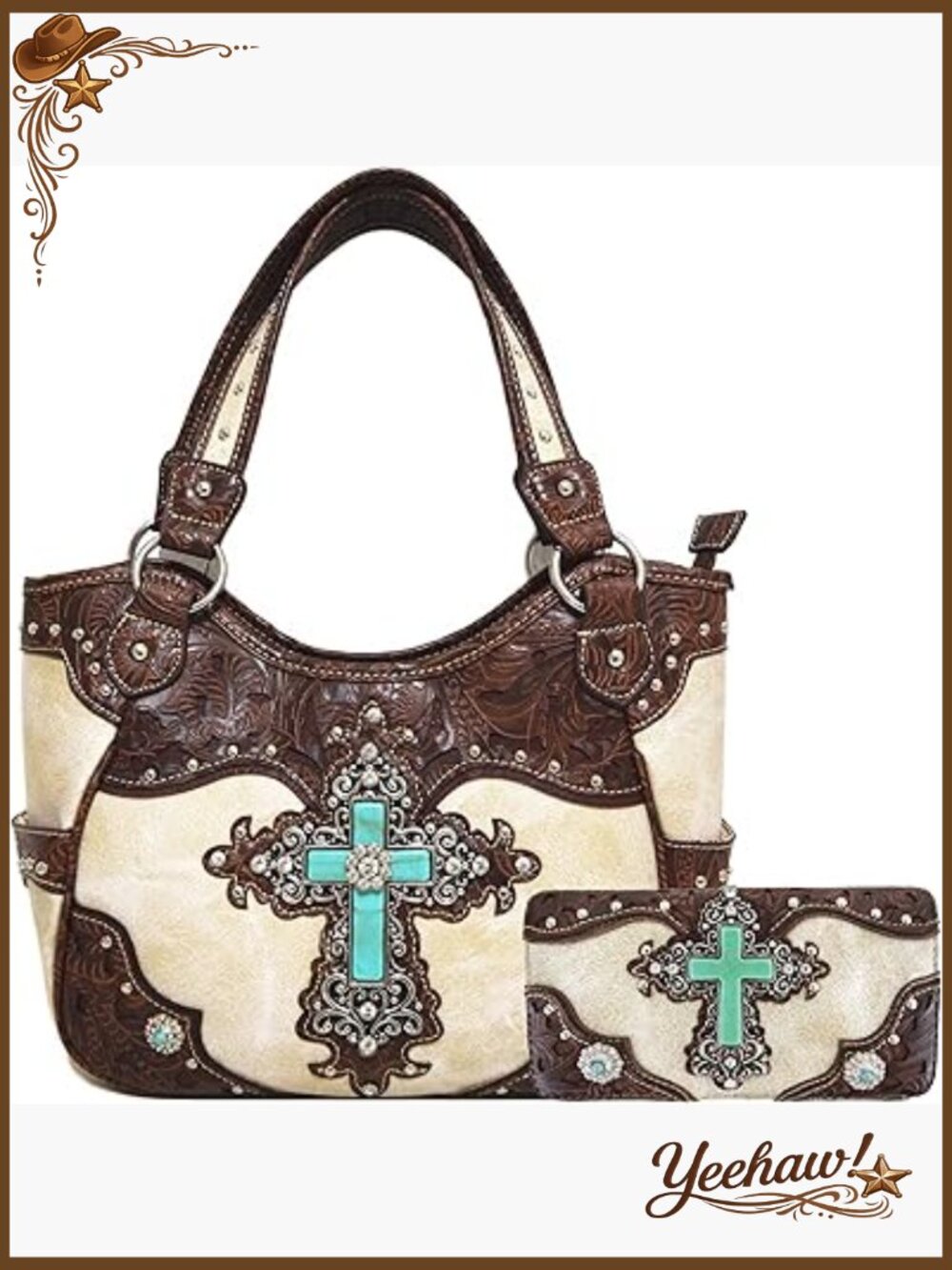 Western Style Rhinestone Cross Conchos Studded Handbag Wallet Set